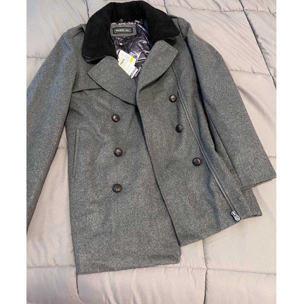 Members Only Grey Pea Coat Jacket Removable Sherpa Collar - Medium NWT